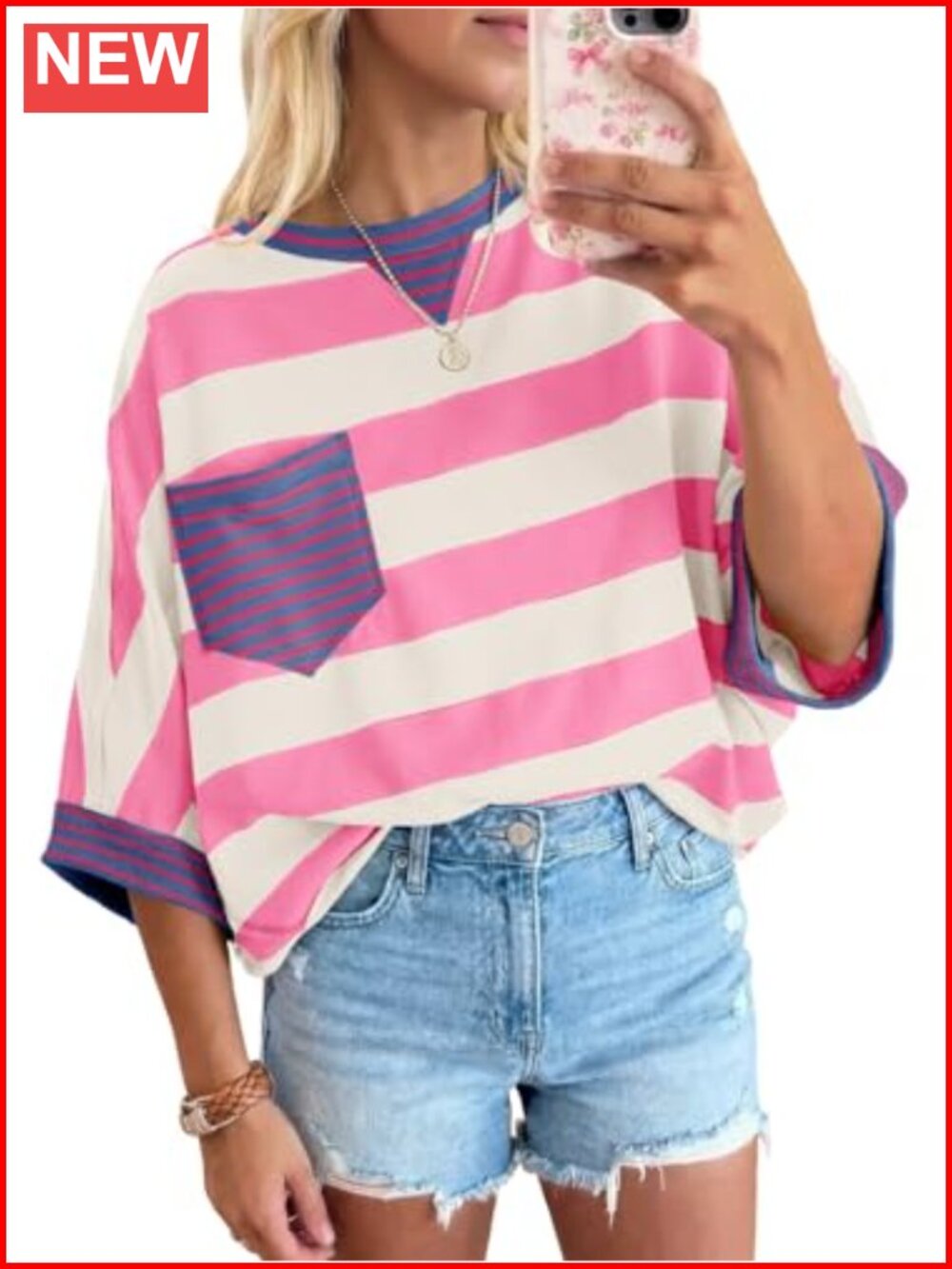 Womens Summer Color Block Striped Oversized T-Shirt Casual Short Sleeve Y2K Tee
